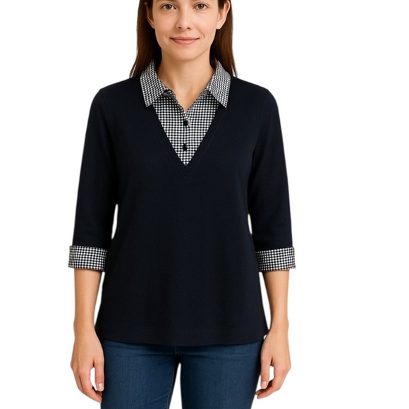 St. John Wool Mixed Media Sweater Tunic Blouse Combo Navy Size P or XS - Picture 10 of 10